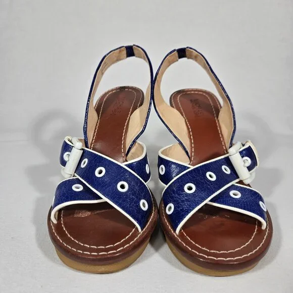 MICHAEL KORS Nautical Blue LEATHER Straps White Trim Slingback Heel Sandals 8.5M - Picture 4 of 16